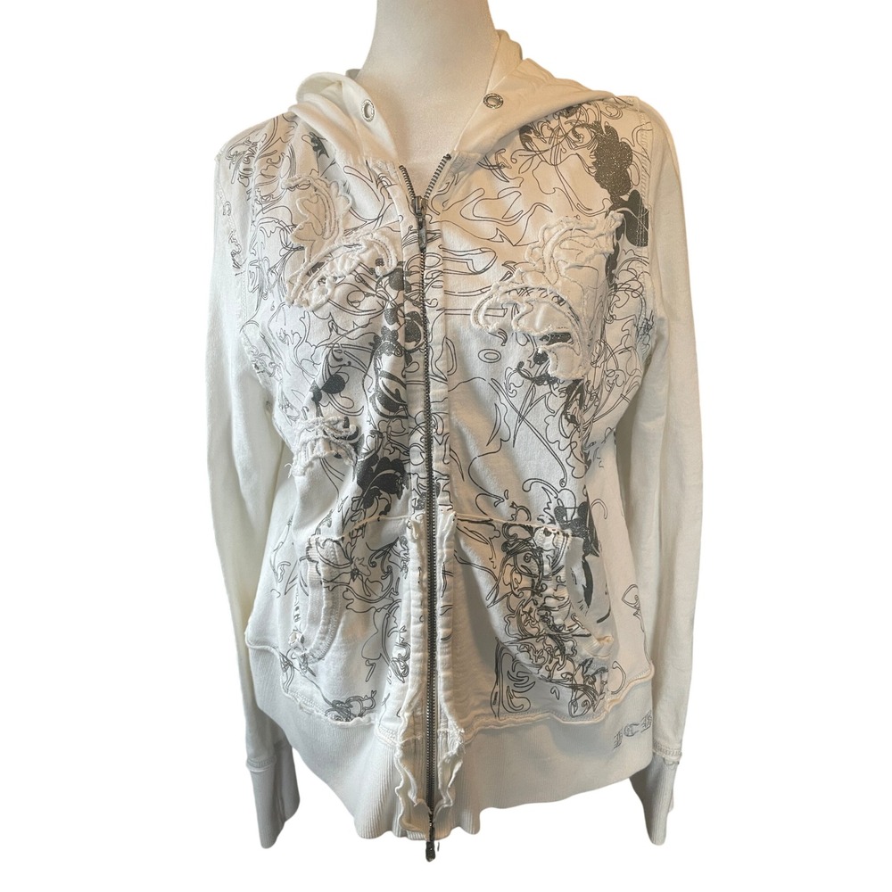 Vintage BCBG Y2K Graphic Zip Hoodie White Embroidery Fairy XL Sparkle Grunge